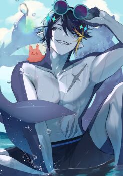 1boy black_sclera blue_eyes character_request colored_sclera ear_piercing fins fish_tail gills highres indie_virtual_youtuber looking_at_viewer magic_necro male_focus monster_boy no_shirt piercing pointy_ears scar scar_on_chest second-party_source shark_boy shark_fin shark_tail sharp_teeth solo tail teeth virtual_youtuber wet