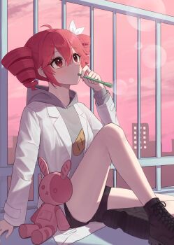 Rule 34 | 1girl, absurdres, ahoge, black shorts, boots, bread print, brown boots, bubble, building, coat, commentary request, double-parted bangs, drill hair, grey hoodie, grn cabbage, hair between eyes, hair ribbon, highres, hood, hood down, hoodie, kasane teto, kasane teto (sv), lace-up boots, looking up, open clothes, open coat, outdoors, pink sky, rabbit, red eyes, red hair, ribbon, science (synthesizer v), short hair, shorts, sitting, sky, solo, synthesizer v, twin drills, utau, white coat, white ribbon