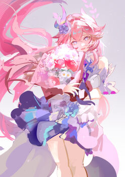 1girl absurdres bare_shoulders bouquet breasts cyrene_(demiurge)_(honkai:_star_rail) cyrene_(honkai:_star_rail) diamond-shaped_pupils diamond_(shape) dress flower hair_flower hair_ornament highres holding holding_bouquet honkai:_star_rail honkai_(series) large_breasts long_hair multicolored_hair pink_hair purple_eyes smile solo symbol-shaped_pupils two-tone_hair very_long_hair weishiji white_dress white_hair