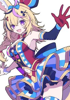 :d animal_ear_fluff animal_ears armpits asymmetrical_legwear black_streaks blonde_hair bow bow_button bowtie braid breasts clothing_cutout club_(shape) diamond_(shape) elbow_gloves facial_mark fox_ears fox_girl gloves hair_ornament halter_shirt halterneck hat heart heart-shaped_pupils highres hololive jester_cap layered_skirt looking_at_viewer medium_breasts minkof_nn mismatched_legwear multicolored_hair navel navel_cutout omaru_polka omaru_polka_(1st_costume) open_mouth pink_streaks purple_eyes red_bow red_bowtie shirt simple_background single_glove single_wrist_cuff skirt sleeveless sleeveless_shirt smile spade_(shape) streaked_hair symbol-shaped_pupils thighhighs tilted_headwear virtual_youtuber white_background wrist_cuffs x_hair_ornament zettai_ryouiki