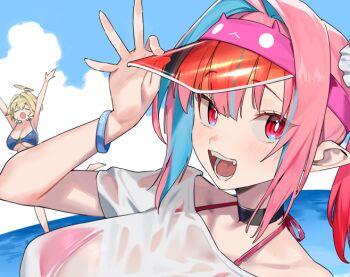 Rule 34 | 2girls, :o, \o/, ahoge, aqua hair, arms up, bikini, black choker, blonde hair, blue bikini, blue eyes, blue sky, blush, breasts, choker, closed eyes, cloud, cloudy sky, collarbone, colored inner hair, day, fangs, hair horns, hair intakes, hand on headwear, hat, horns, jeanne (kanan-sama), kanan-sama wa akumade choroi, kanan (kanan-sama), large breasts, long hair, looking at viewer, multicolored eyes, multicolored hair, multiple girls, nonco, open mouth, outdoors, outstretched arms, pink bikini, pink eyes, pink hair, pink hat, red hat, red horns, see-through clothes, see-through hat, see-through shirt, shirt, short sleeves, sky, smile, solo focus, swimsuit, teeth, tongue, two-tone eyes, two-tone hair, two-tone hat, visor cap, white shirt, wristband