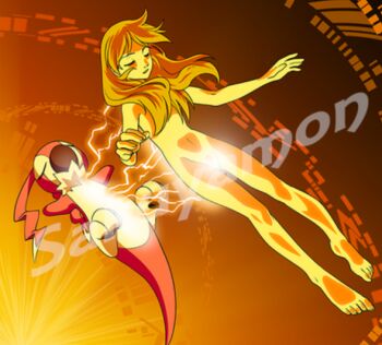 Rule 34 | 1girl, alternate universe, barefoot, biomerge, brown hair, closed eyes, completely nude, digimon, digimon tamers, electricity, energy, feet, floating hair, fusion, height difference, long hair, matrix evolution, multiple girls, nude, original, outstretched arms, sakuyamon (deviantart), toes, transformation