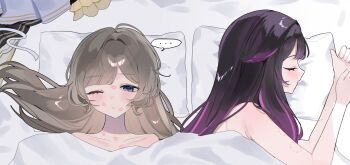 ... 2girls absurdres aftersex bed_sheet bi_chya10 bite_mark bite_mark_on_arm black_hair blanket blue_eyes blush brown_hair closed_eyes closed_mouth columbina_(genshin_impact) genshin_impact hashtag-only_commentary highres lipstick_mark lipstick_mark_on_face long_hair lying multicolored_hair multiple_girls naked_sheet on_back on_side one_eye_closed pillow pink_hair sandrone_(genshin_impact) speech_bubble spoken_ellipsis two-tone_hair under_covers unworn_clothes yuri