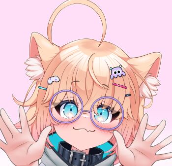 1girl absurdres ahoge animal_ear_fluff animal_ears aqua_eyes black_collar blonde_hair blush cat_ears cat_girl closed_mouth collar commentary controller_hair_ornament dot_nose eyelashes fang golden_newt hair_ornament hairclip hands_up highres indie_virtual_youtuber minikomew outline pink_background portrait simple_background skin_fang smile solo sparkling_eyes third-party_source virtual_youtuber white_outline