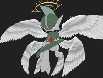 1other ariumu arm_blade artist_name black_background colored_skin commentary facing_to_the_side feathered_wings gallade gen_4_pokemon green_hair hair_between_eyes halo hands_on_own_legs huddle hugging_own_legs knees_up looking_ahead mohawk multicolored_skin multiple_wings nintendo outline pokemon pokemon_(creature) pokemon_focus red_eyes solo two-tone_skin weapon white_wings wide_hips wings yellow_halo yellow_outline