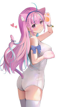 1girl absurdres ahoge animal_ear_fluff animal_hands aqua_hair ass blue_hairband blush braid breasts cat_girl closed_mouth clothing_cutout colored_inner_hair commentary_request extra_ears fanged_bangs gloves hairband hands_up heart highres hololive large_breasts long_hair looking_at_viewer minato_aqua mochiki_927 multicolored_hair one-piece_swimsuit paw_gloves pink_hair purple_eyes side_braids simple_background solo streaked_hair swimsuit tail tail_through_clothes thighhighs two-tone_hair virtual_youtuber white_background white_one-piece_swimsuit white_thighhighs