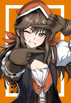 1girl breasts brown_eyes brown_gloves brown_hair falcon_(girls'_frontline) finger_frame girls'_frontline gloves hashtag-only_commentary highres long_hair looking_at_viewer medium_breasts one_eye_closed orange_background r_scrubed solo