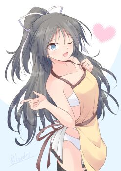 1girl alternate_costume apron bikini black_hair breasts commentary_request green_eyes heart highres index_finger_raised kantai_collection katsuragi_(kancolle) long_hair nearly_naked_apron one-hour_drawing_challenge one_eye_closed pleated_skirt ponytail shizuna_kaede skirt small_breasts smile solo strapless strapless_bikini swimsuit white_bikini white_skirt yellow_apron