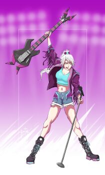 1girl absurdres aged_up alternate_hairstyle bass_guitar blue_eyes blue_shirt boots concert crop_top denim denim_shorts forehead freckles full_body hair_bobbles hair_ornament highres holding holding_bass_guitar holding_instrument holding_microphone holding_plectrum instrument jacket long_hair microphone music nintendo open_mouth platform_boots plectrum pokemon pokemon_bw2 ponytail purple_jacket rey384 roxie_(pokemon) shirt shorts simple_background singing smile solo stage standing tank_top topknot white_hair