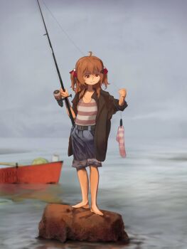 1girl ahoge alternate_costume barefoot belt black_belt black_jacket blurry blurry_background boat brown_hair closed_mouth cloud cloudy_sky collared_jacket commentary contrapposto denim denim_shorts double-parted_bangs english_commentary evil_neuro-sama fishing fishing_rod frown full_body furrowed_brow hair_between_eyes hair_ribbon highres holding holding_fishing_rod horizon jacket long_hair looking_at_object neuro-sama nightmaremask07 oar ocean red_eyes red_ribbon red_shirt ribbon rock shirt shirt_tucked_in shorts sky sleeves_rolled_up socks solo standing standing_on_rock striped_clothes striped_shirt torn_ribbon turtle two_side_up unworn_socks vedal987 vedal_ai watercraft white_shirt