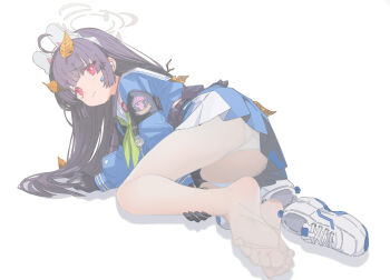 1girl absurdres animal_ears black_gloves blue_archive blue_shirt blue_skirt closed_mouth commentary drive_shot fake_animal_ears feet full_body gloves halo highres leaf leaf_on_head long_hair long_sleeves looking_at_viewer lying miyu_(blue_archive) neckerchief on_side panties pantyhose pleated_skirt purple_hair rabbit_ears red_eyes school_uniform serafuku shirt shoes simple_background skirt sneakers soles solo toes underwear unworn_shoes very_long_hair wavy_mouth white_background white_panties white_pantyhose