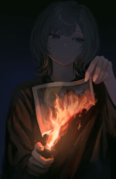 1girl absurdres black_shirt blue_eyes burning dark expressionless fire grey_hair highres holding holding_lighter holding_photo jewelry kyano_(kyanora3141) lighter medium_hair necklace original photo_(object) revision shirt sideways_glance solo upper_body