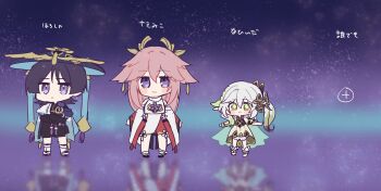 1boy 2girls :&gt; :3 animal_ears anklet aomattya armlet arms_at_sides black_bodysuit black_bow black_bridal_gauntlets black_hair black_sandals black_shorts bloomers blue_gemstone blue_hat blue_sleeves blunt_ends blush_stickers bodysuit bow bracelet bridal_gauntlets cape chibi chinese_knot closed_mouth cross-shaped_pupils crossed_arms detached_sleeves dress earrings fox_ears gameplay_mechanics gem genshin_impact gold gold_ring gold_trim green_cape green_eyes green_hair green_pupils green_sleeves hair_between_eyes hair_ornament half_crown_braid hat head_ornament heart heart_hair_ornament height_difference highres japanese_clothes jewelry jingasa kimono layered_sleeves leaf leaf_hair_ornament leg_warmers long_hair looking_at_viewer mandarin_collar middle_ring multicolored_hair multiple_girls nahida_(genshin_impact) nontraditional_miko open_hands outstretched_arms pelvic_curtain pink_hair plus_sign pointy_ears purple_cape purple_eyes red_sleeves reflective_floor ribbon-trimmed_sleeves ribbon_trim sandals scaramouche_(genshin_impact) shirt short_sleeves shorts side_ponytail sidelocks smile socks standing streaked_hair symbol-shaped_pupils tabi tareme toeless_socks translation_request underwear wanderer_(genshin_impact) white_bloomers white_dress white_hair white_kimono white_leg_warmers white_shirt white_sleeves white_socks wide_sleeves wispy_bangs yae_miko zouri