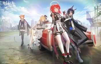 1boy 4girls absurdres animal_ear_fluff animal_ears arknights bare_shoulders bird black_coat black_dress black_gloves black_hair black_jacket black_necktie black_shoes black_shorts black_thighhighs black_vest blonde_hair blue_gloves blue_necktie blue_shorts boots car closed_eyes coat coat_on_shoulders collared_shirt copyright_logo croissant_(arknights) detached_wings dress elbow_gloves emperor_(arknights) energy_wings exusiai_(arknights) exusiai_the_new_covenant_(arknights) fingerless_gloves gloves halo high_heels highres horns jacket leaning_on_object logo long_hair looking_at_viewer medium_hair motor_vehicle multiple_girls necktie official_alternate_costume one_eye_closed one_side_up orange_hair pantyhose pantyhose_under_shorts penguin penguin_logistics_(arknights) red_hair red_shorts shale shirt shoes shorts sora_(arknights) sora_(melodiosa)_(arknights) texas_(arknights) texas_the_omertosa_(arknights) thighhighs vest white_boots white_dress white_shirt white_thighhighs wings wolf_ears wolf_girl yellow_eyes