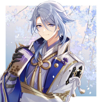 1boy amaichi_esora arm_guards armor artist_name blue_flower blue_hair border branch bubble_tea closed_mouth commentary cup dated disposable_cup drinking_straw flower genshin_impact gold_trim hair_between_eyes hair_over_shoulder hand_up highres holding holding_cup jacket japanese_armor japanese_clothes kamisato_ayato kimono lapels long_sleeves looking_at_viewer male_focus medium_hair mole mole_under_mouth open_clothes open_jacket outside_border parted_bangs petals purple_eyes rope shoulder_armor sidelocks smile sode solo swept_bangs tassel twitter_username upper_body watermark white_border white_jacket wide_sleeves