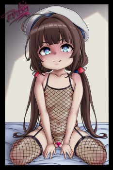 1girl absurdres bed blue_eyes blush brown_hair censored female_focus fishnet_legwear fishnet_leotard fishnet_thighhighs fishnets flat_chest hat heart heart_censor highres hinatsuru_ai leotard lingerie loli long_hair long_twintails looking_at_viewer navel nipples on_bed pandora-gh ryuuou_no_oshigoto! see-through_clothes sitting smile solo stomach thighhighs thighs twintails underwear