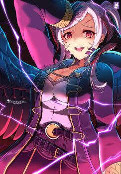 1girl absurdres aura black_feathers black_gloves black_wings body_markings breasts chinchongcha cleavage corruption dark_aura dark_persona evil_smile feathered_wings feathers female_robin_(fire_emblem) female_robin_(grima)_(fire_emblem) female_robin_(grima)_(tyrant_of_despair)_(fire_emblem) fire_emblem fire_emblem_awakening fire_emblem_heroes gloves highres horns large_breasts lightning looking_at_viewer nintendo official_alternate_costume open_mouth red_eyes smile solo spread_wings twintails white_hair wings