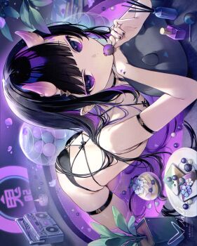 1girl bikini black_hair candy expressionless food highres looking_at_viewer oni purple_eyes siiqa_vivi swimsuit tagme