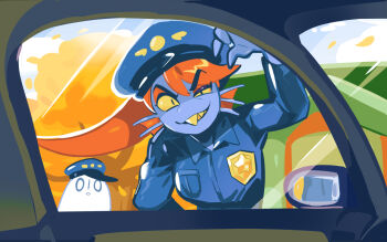 1girl blue_hat blue_jacket blue_skin car car_interior chief_undyne colored_sclera colored_skin commentary_request day deltarune falling_leaves fins ghost gogeyama grin hand_up hat head_fins jacket leaf looking_at_viewer motor_vehicle napstablook officer_napstablook police police_badge police_hat police_uniform pov red_hair slit_pupils smile squinting undyne uneven_eyes utdr_(toby_fox) yellow_sclera