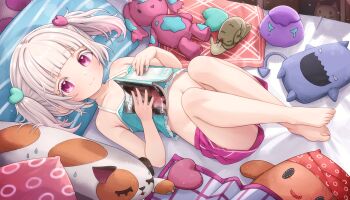 1girl absurdres barefoot commentary comodox english_commentary flat_chest highres lying navel on_back original pink_shorts shorts solo stuffed_toy twintails