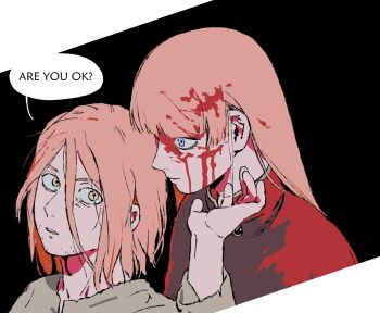 2boys arm_up blonde_hair blood blood_in_hair blood_on_face blue_eyes blunt_bangs canute closed_mouth crazy_eyes english_text facial_hair hair_between_eyes looking_at_another male_focus messy_hair multiple_boys parted_lips phantomnotnot speech_bubble stubble thorfinn upper_body vinland_saga wide-eyed