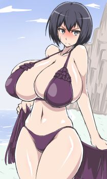 1girl alternate_breast_size_(larger) bikini black_eyes blush breasts cleavage cowboy_shot female_focus highres huge_breasts joukamachi_no_dandelion navel nkise purple_bikini sakurada_kanade short_hair solo strap_gap sweatdrop swimsuit