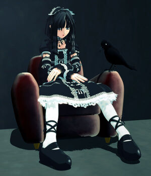 1girl 3d bird black_bird black_hair ekkusu_kyuuzu female_focus full_body goth_fashion gothic_lolita indoors lolita_fashion original pantyhose sitting solo thighhighs