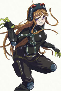 1girl absurdres ahoge belt black_bodysuit bodysuit breasts brown_hair floating_hair glasses gloves goggles goggles_on_head grin hand_up highres knee_pads long_hair looking_at_viewer oracle_(persona_5) persona persona_5 purple_eyes s-m-53413 sakura_futaba simple_background small_breasts smile solo teeth very_long_hair white_background