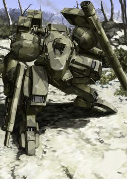 Rule 34 | camouflage, commentary request, dual wielding, gun, highres, holding, holding gun, holding rocket launcher, holding weapon, mecha, no humans, original, outdoors, rifle, robot, rocket launcher, science fiction, squatting, tyokugekidato, weapon, woodland camouflage