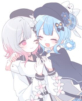 2girls :d artist_request beret black_hat blue_hair blunt_bangs braid braided_hair_rings cheek-to-cheek closed_eyes commission deerstalker gradient_hair grey_hair hair_ornament hair_rings hat heads_together hug jacket long_sleeves mahou_shoujo_no_majo_saiban multicolored_hair multiple_girls one_eye_closed open_mouth pink_eyes pink_hair sakuraba_ema second-party_source short_hair smile tachibana_sherry upper_body white_background white_jacket x_hair_ornament