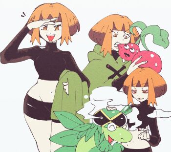 1girl biting cherubi cigarette drugs fakemon gardenia_(pokemon) gen_4_pokemon gym_leader inkerton-kun long_sleeves marijuana marleyzard midriff multiple_views navel nintendo open_mouth pokemon pokemon_(creature) pokemon_clover pokemon_dppt smoke sweat