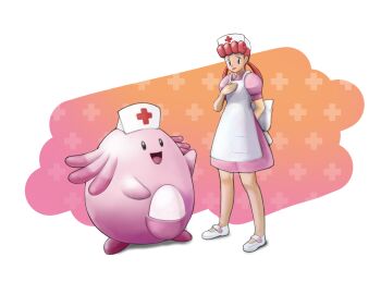 1girl :d apron back_bow bow chansey dress gen_1_pokemon hand_up hat joy_(pokemon) nintendo nurse nurse_cap open_mouth pink_dress pokemon pokemon_(anime) pokemon_(classic_anime) pokemon_(creature) red_hair shoes short_sleeves smile standing suzuki_(pixiv_9092094) twintails white_shoes