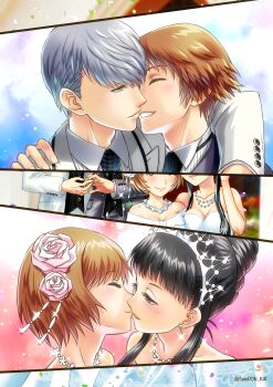 2boys 2girls amagi_yukiko arm_around_neck black_eyes black_hair black_neckwear breasts brown_hair cleavage closed_eyes collarbone collared_shirt dress earrings flower grey_jacket grin hair_flower hair_ornament half-closed_eyes hanamura_yousuke hand_on_another's_shoulder highres husband_and_husband imminent_kiss jacket jewelry long_sleeves matching_hair/eyes medium_breasts multiple_boys multiple_girls narukami_yu necklace open_clothes open_jacket persona persona_4 pink_flower pink_rose portrait rose sato-pon satonaka_chie shirt short_hair sidelocks silver_hair sleeveless sleeveless_dress smile sparkle split_screen strapless strapless_dress twitter_username wedding_dress white_dress white_jacket white_shirt wife_and_wife wing_collar yaoi yuri