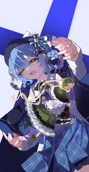 2girls absurdres black_capelet black_hat blonde_hair blue_hair blue_skirt bonnet braid braided_hair_rings capelet chinese_commentary commentary_request cowboy_shot deerstalker dress green_dress green_shoes hair_rings hat highres lolita_fashion long_hair looking_at_viewer lu_xiangu magical_girl mahou_shoujo_no_majo_saiban mini_person minigirl multiple_girls open_mouth plaid_clothes plaid_skirt pleated_skirt puppet puppet_strings shoes short_hair skirt smile standing suspenders tachibana_sherry tono_hanna twintails yellow_eyes