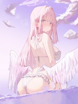 1girl absurdres angel_wings ass banpen bikini blue_archive breasts cloud commentary from_behind halo highres large_breasts long_hair looking_at_viewer mika_(blue_archive) mika_(swimsuit)_(blue_archive) official_alternate_costume outdoors partially_submerged pink_hair pink_halo sky solo swimsuit very_long_hair wet white_bikini white_wings wings yellow_eyes