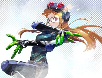 1girl atlus cofffee goggles hair_spread_out knee_up leg_up long_hair long_sleeves multicolored_clothes oracle_(persona_5) orange_hair pants persona persona_5 sakura_futaba sega simple_background smile