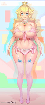 1girl :d absurdres artist_name bikini blonde_hair blue_bow blue_eyes bow bow_legwear bow_panties breasts choker cleavage clothing_cutout collarbone crown curvy cutepet eyelashes fingernails frilled_bikini frilled_choker frills full_body garter_straps heart_cutout highres jewelry large_breasts legs legs_apart lips long_fingernails long_hair looking_at_viewer mario_(series) multicolored_background nail_polish navel nintendo nostrils open_hands open_mouth panties patreon_username pendant pink_bikini pink_bow pink_footwear pink_nails pink_panties pink_thighhighs princess_peach shadow shiny_skin silhouette smile solo standing star_(symbol) super_mario_bros._1 super_star_(mario) swimsuit teeth thighhighs underwear upper_teeth_only white_choker wide_hips