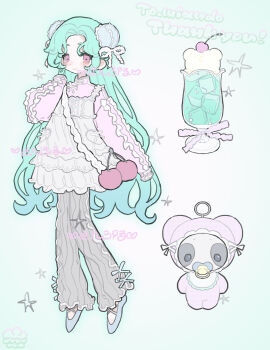 1girl am314 blue_shoes bun_cover commentary_request commission double_bun flats food food-themed_bag frilled_skirt frilled_sweater frills full_body gradient_background green_background green_hair grey_pants hair_bun highres ice ice_cream ice_cream_float ice_cube long_hair original overshirt pacifier pants pink_eyes pink_sweater sample_watermark shirt shoes simple_background skeb_commission skirt sleeves_past_fingers sleeves_past_wrists solo sweater watermark white_shirt