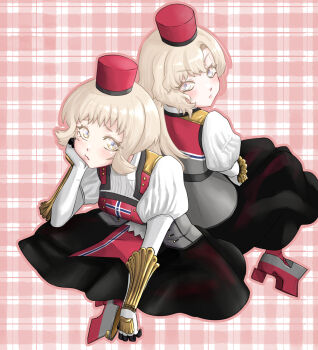 Rule 34 | 2girls, back-to-back, black skirt, blonde hair, breasts, commentary request, eidsvold (kancolle), gloves, grey eyes, hat, highres, kantai collection, long hair, looking at viewer, medium breasts, multiple girls, nekotarou (nktr299), norge (kancolle), pink background, plaid background, red background, red hat, rudder footwear, shirt, short hair, sitting, skirt, white gloves, white shirt