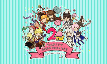 Rule 34 | 3boys, 3girls, :3, :q, angeling, animal, animal ears, animal on head, anniversary, baby animal, bandeau, bat (animal), bird, bird on head, black-framed eyewear, black hair, blonde hair, blue background, blue boots, boots, brown dress, brown hair, bug, cat boy, cat ears, chef hat, chibi, chibi only, chick, closed mouth, coat, commentary request, crown, deviruchi, dress, elbow gloves, familiar (ragnarok online), full body, glasses, gloves, gobaku no hito, goblin leader, green eyes, halo, hat, holding, holding sword, holding weapon, kobold (ragnarok online), leaf, long hair, looking at viewer, lunatic (ragnarok online), mask, masked, mimic (ragnarok online), multiple boys, multiple girls, mushroom, on head, one eye closed, open mouth, pants, pink hair, pointy ears, rabbit, rabbit ears, rabbit girl, ragnarok masters, ragnarok online, red bandeau, red gloves, rocker (ragnarok online), runemaster (ragnarok masters), saint (ragnarok masters), short hair, slime (creature), smile, solar trouvere (ragnarok masters), solid circle eyes, sparkle, spirit whisperer (ragnarok masters), spore (ragnarok online), striped background, sword, tongue, tongue out, traditional halo, weapon, whisper (ragnarok online), white coat, white pants, yellow halo