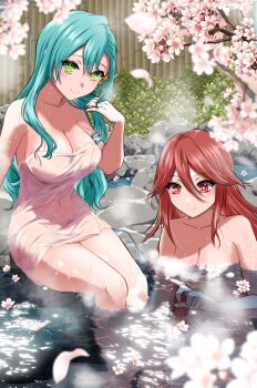 2girls absurdres aqua_hair bare_shoulders braid breasts chloe_(fire_emblem) cleavage cordelia_(fire_emblem) fire_emblem fire_emblem_awakening fire_emblem_engage green_eyes highres large_breasts long_hair looking_at_viewer medium_breasts mu_tu_bu multiple_girls naked_towel nintendo onsen red_eyes red_hair same-sex_bathing shared_bathing side_braid smile towel very_long_hair