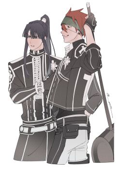 Rule 34 | 2boys, arm up, belt, black belt, black gloves, black hair, black shirt, blunt bangs, collared jacket, commentary, d.gray-man, gloves, hair intakes, hammer, headband, highres, holding, holding weapon, jacket, kanda yuu, lavi, long hair, long sleeves, male focus, mol102, multiple boys, pants, parted lips, ponytail, pouch, red hair, shirt, simple background, sleeve cuffs, smile, symbol-only commentary, thigh pouch, twitter username, war hammer, weapon, white background, white belt