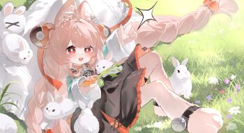 :3 absurdres animal_ear_piercing animal_ears animal_feet animal_hands barefoot black_dress blue_shirt braid bright_pupils carrot chinese_commentary commentary_request dress furry furry_female hair_ornament highres holding holding_carrot long_sleeves looking_at_viewer on_grass open_mouth pinafore_dress procreate_(medium) rabbit rabbit_ears rabbit_girl red_eyes shirt shixiaoajia_demao sitting sleeveless sleeveless_dress sphere_hair_ornament twin_braids white_pupils zenless_zone_zero zhao_(zenless_zone_zero)