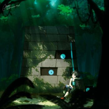 Rule 34 | 1boy, aqua eyes, aqua shirt, black hair, blurry, blurry foreground, closed eyes, commentary request, dappled sunlight, elio (pokemon), fern, forest, gen 7 pokemon, head rest, highres, leaf, light rays, miu (miuuu 721), nature, nintendo, no headwear, open mouth, outdoors, plant, pokemon, pokemon (creature), pokemon usum, red shoes, shirt, shoes, short hair, shorts, signature, sleeveless, sleeveless shirt, stakataka, sunlight, tree, ultra beast, vines, white shorts