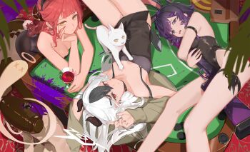 1boy 3girls absurdres alternate_costume android_(blue_archive) animal_ears aru_(blue_archive) black_leotard blue_archive breasts cat cleavage cocktail_glass commentary_request cup drinking_glass fabarm_fp6 fake_animal_ears giving_up_the_ghost gun halo haruka_(blue_archive) highres holding holding_cup kayoko_(blue_archive) kayoko_(dress)_(blue_archive) leotard long_hair looking_at_viewer multiple_girls official_alternate_costume playboy_bunny problem_solver_68_(blue_archive) pump_action rabbit_ears rabbit_tail shotgun strapless strapless_leotard syanic1 tail weapon white_cat