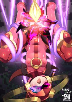 1girl bodysuit breasts brown_hair covered_erect_nipples cross_fusion full_body glitch gummyrise helmet highres mayl_sakurai_(mega_man) mega_man_(series) mega_man_battle_network_(series) open_mouth pink_bodysuit pink_helmet pussy_juice restrained roll.exe_(mega_man) small_breasts solo tongue tongue_out upside-down