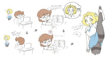 1boy 1girl antenna_hair ass blonde_hair breasts brown_hair colored_skin computer dan-chan english_text flexible full_body glasses hair_ornament hetero highleg highres large_breasts leg_lift looking_at_viewer multiple_views nervous original pale_skin pantyhose plaid_clothes plaid_skirt school_uniform sequential short_hair simple_background skirt split standing standing_on_one_leg standing_split sweat venkydraws white_background white_skin wide_hips yellow_eyes