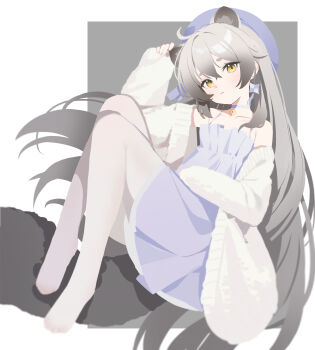 1girl absurdres animal_ear_fluff animal_ears arm_up bare_shoulders bell beret blue_archive blue_choker blue_dress blue_hat border choker closed_mouth collarbone commentary_request dress full_body grey_background grey_hair hair_between_eyes hat highres jacket jingle_bell knees_up long_sleeves looking_at_viewer michiru_(blue_archive) michiru_(dress)_(blue_archive) neck_bell no_shoes off_shoulder open_clothes open_jacket pantyhose pleated_dress raccoon_ears raccoon_girl raccoon_tail short_eyebrows sleeves_past_wrists solo tail thick_eyebrows white_border white_jacket white_pantyhose yellow_eyes yushan_liang_sheng