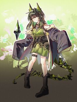 1girl absurdres animal_ears arknights bare_shoulders black_boots black_coat black_hair blonde_hair boots bright_pupils closed_mouth coat crystal emoji film_grain full_body green_eyes green_hair hair_between_eyes highres knee_boots long_hair looking_at_viewer mon3tr_(arknights) multicolored_hair outline pouch sakuratani_hane sleeves_past_fingers sleeves_past_wrists smile solo standing tail twitter_username white_outline white_pupils
