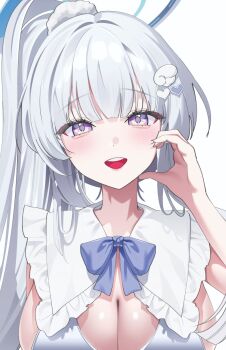 1girl aqua74286 blue_archive blue_bow blue_bowtie blush bow bowtie bra breasts capelet cleavage commentary hair_ornament half-heart_hands halo hand_on_own_face heart heart_hair_ornament highres large_breasts long_hair looking_at_viewer mechanical_halo noa_(blue_archive) open_mouth ponytail purple_eyes scrunchie sideboob simple_background sleeveless smile solo symbol-only_commentary teeth underwear upper_body upper_teeth_only white_background white_bra white_capelet white_hair white_scrunchie wing_hair_ornament